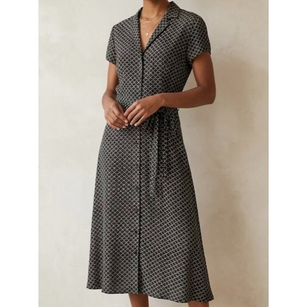 Vintage Jones New York 100% Silk Geometric Print Belted Button Midi Dress SZ 12